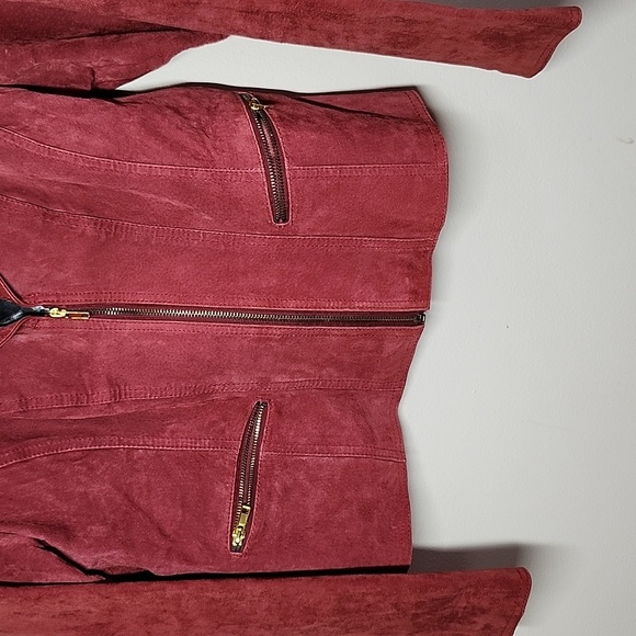 Live A Little Red Suede Jacket Leopard Lined Womens Medium Moto Jacket Bikercore - Picture 3 of 11